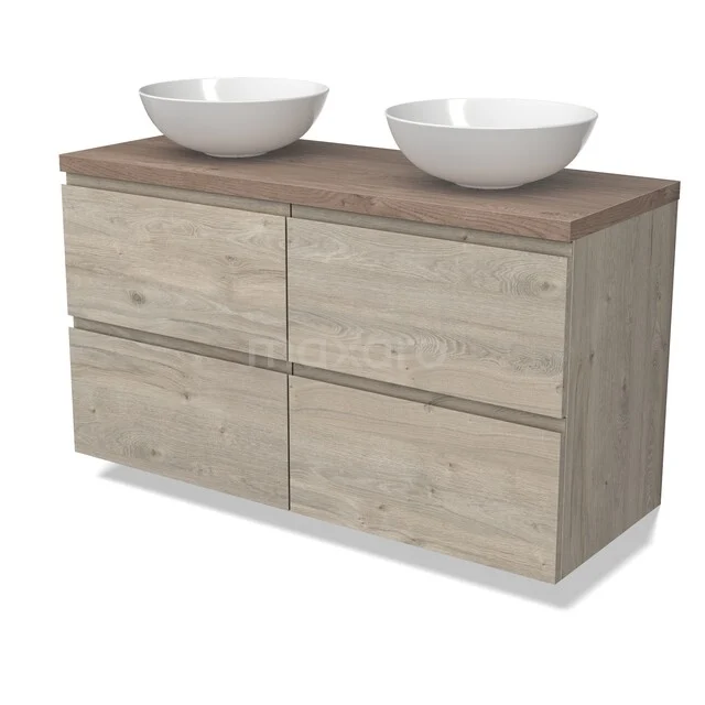 Modulo Plato Vanity units for countertop basin | 120 cm Light grey oak Handle-less front Mid brown oak worktop 4 drawers BMK18-02281 Houten badkamermeubel met licht eiken look, dubbel wastafelblad en witte ronde kommen, ideaal voor moderne badkamers.