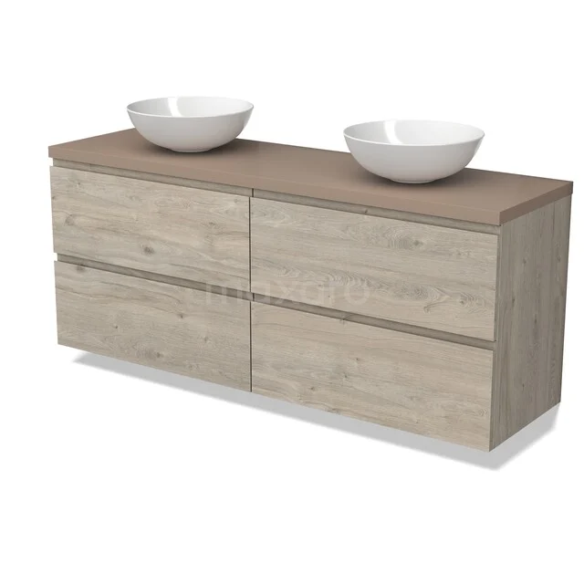 Modulo Plato Vanity units for countertop basin | 160 cm Light grey oak Handle-less front Taupe worktop 4 drawers BMK18-02287 Houten badkamermeubel met twee witte ronde waskommen, vier lades, en een modern design in eikenlook.