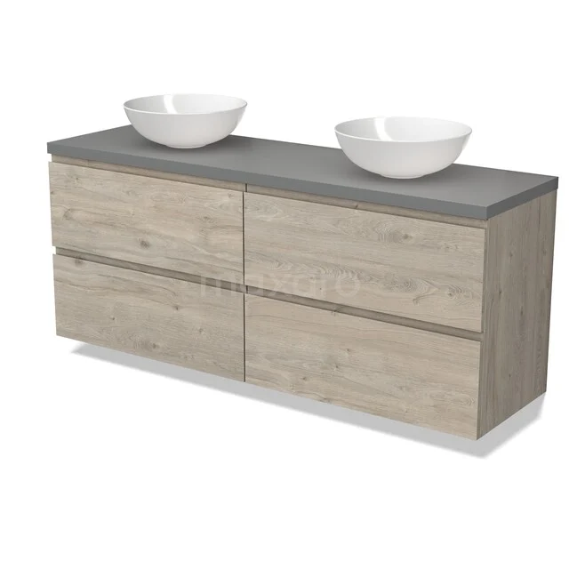 Houten badkamermeubel met lichte houtnerf, grijs blad en twee witte waskommen, ideaal voor stijlvolle badkamerinrichting.