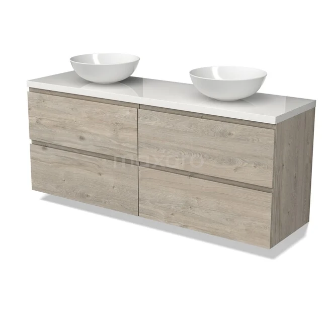 Modulo Plato Badkamermeubel voor waskom | 160 cm Lichtgrijs eiken Greeploos front Hoogglans wit blad 4 lades BMK18-02289 Houten badkamermeubel met dubbele witte wastafel, strak design en vier lades; ideaal voor stijlvolle opbergruimte.