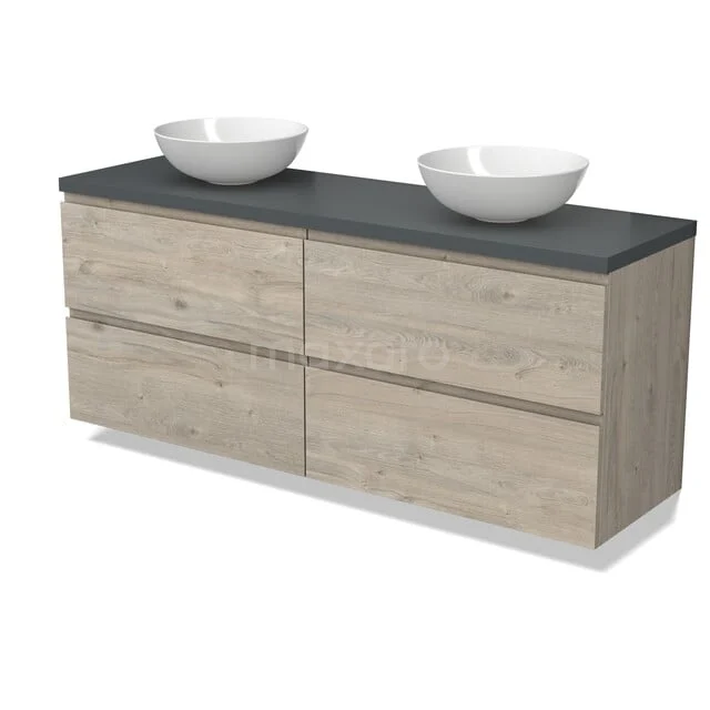 Modulo Plato Badmöbel mit Aufsatzwaschbecken | 160 cm Hellgraue Eiche Grifflos front Mittelgrau blatt 4 Schubladen BMK18-02291 Holz Badezimmermöbel mit vier Schubladen, grauer Oberseite und doppelten weißen Waschbecken, modernes Design.