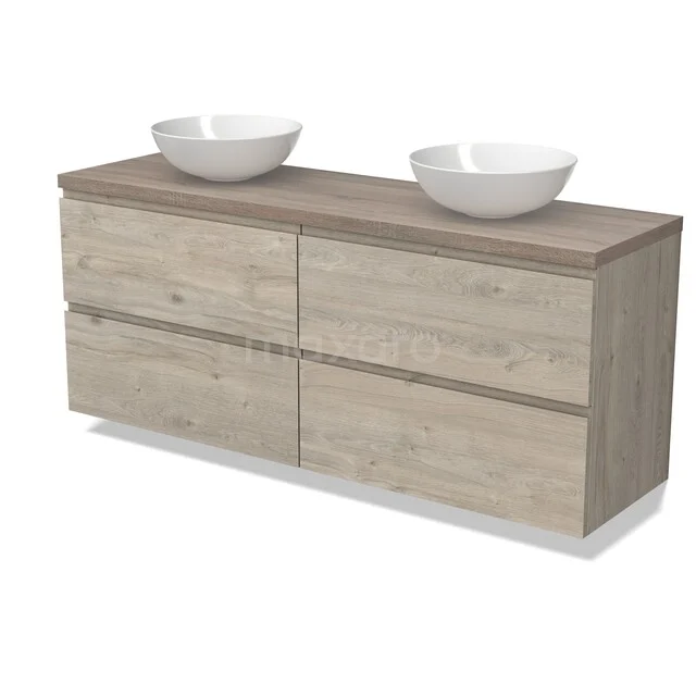 Modulo Plato Badkamermeubel voor waskom | 160 cm Lichtgrijs eiken Greeploos front Eiken blad 4 lades BMK18-02294 Houten badkamermeubel met dubbele waskommen, modern design, in lichte houttint, ideaal voor stijlvolle en functionele badkamers.