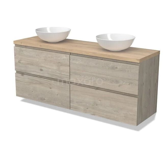 Modulo Plato Vanity units for countertop basin | 160 cm Light grey oak Handle-less front Light brown oak worktop 4 drawers BMK18-02296 Houten badkamermeubel met twee witte, ovale waskommen, rustieke afwerking, vier lades, ideaal voor een moderne badkamer.