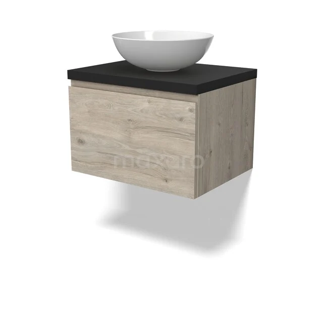 Hölzerne Badmöbel mit schwarzer Waschtischplatte und weißer komforbiger Waschbecken, kompaktes Design in moderner Serie.