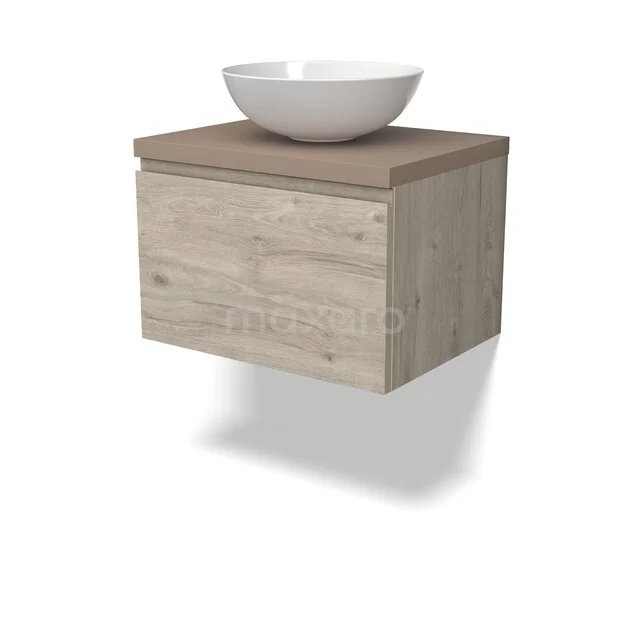 Modulo Plato Badkamermeubel voor waskom | 60 cm Lichtgrijs eiken Greeploos front Taupe blad 1 lade BMK11-02959 Houten badkamermeubel met zwevend design, naturel eikenlook en opzetwaskom, ideaal voor een moderne badkamerstijl.