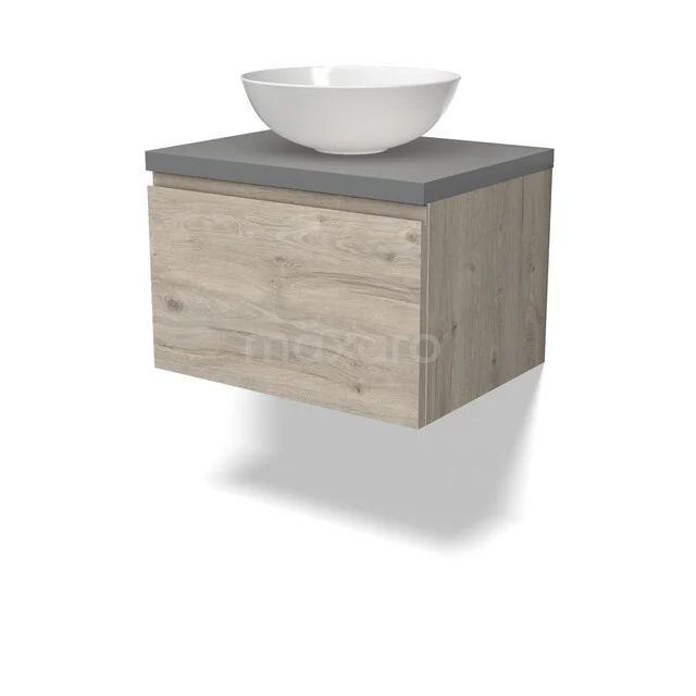 Modulo Plato Vanity units for countertop basin | 60 cm Light grey oak Handle-less front Mid grey worktop 1 drawer BMK11-02960 Houten badkamermeubel met waskom, Scandinavisch ontwerp, grijze topplaat, geschikt voor compacte badkamers.