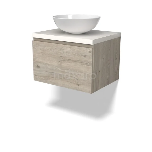 Modulo Plato Vanity units for countertop basin | 60 cm Light grey oak Handle-less front High-gloss white worktop 1 drawer BMK11-02961 Houten badkamermeubel met wastafel, zwevend design in eikenlook, voorzien van keramische kom en strak wit blad.