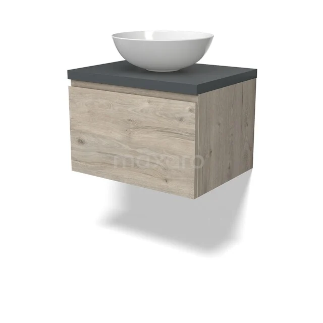 Modulo Plato Vanity units for countertop basin | 60 cm Light grey oak Handle-less front Dark grey worktop 1 drawer BMK11-02963 Houten badkamermeubel met hangend design, grijs blad en ronde witte waskom; moderne stijl voor een stijlvolle badkamer.