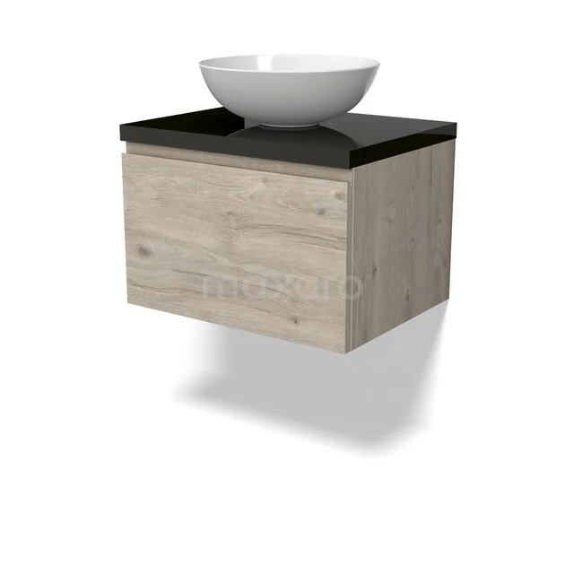 Modulo Plato Vanity units for countertop basin | 60 cm Light grey oak Handle-less front High-gloss black worktop 1 drawer BMK11-02964 Houten badkamermeubel met zwart blad en witte komvormige wastafel, modern design, ideaal voor stijlvolle badkamerinrichting.