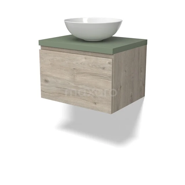 Modulo Plato Badkamermeubel voor waskom | 60 cm Lichtgrijs eiken Greeploos front Saliegroen blad 1 lade BMK11-02965 Houten badkamermeubel met groen blad en witte opzetwasbak, compact design voor moderne badkamers.