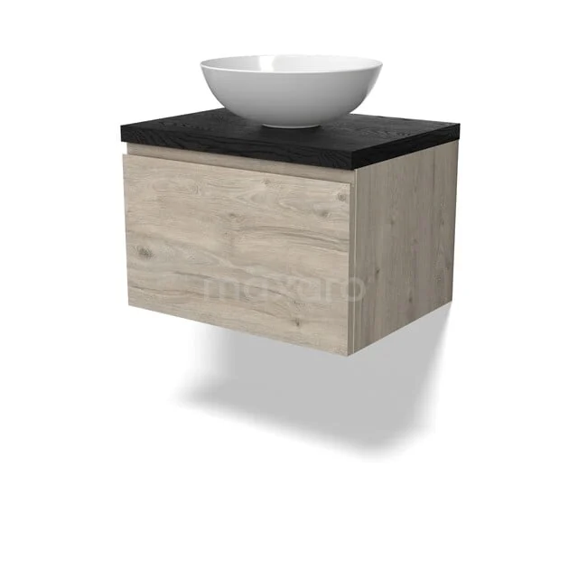 Modulo Plato Badkamermeubel voor waskom | 60 cm Lichtgrijs eiken Greeploos front Zwart eiken blad 1 lade BMK11-02966 Houten badkamermeubel met zwarte bovenplaat en witte waskom, compact design voor moderne badkamers.