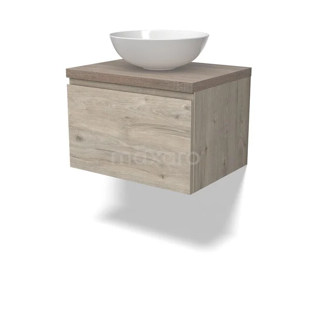 Modulo Plato Vanity units for countertop basin | 60 cm Light grey oak Handle-less front Oak worktop 1 drawer BMK11-02967 Hangend badkamermeubel in houtlook met witte ronde opbouw wastafel, modern design, ideaal voor een stijlvolle badkamer.