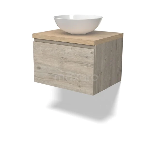 Modulo Plato Badkamermeubel voor waskom | 60 cm Lichtgrijs eiken Greeploos front Lichtbruin eiken blad 1 lade BMK11-02969 Houten badkamermeubel met naturel eikenlook, opgedekt met witte waskom. Ideaal voor een moderne badkamerstijl.