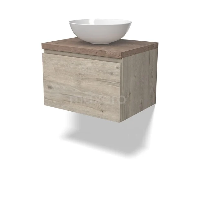 Modulo Plato Badkamermeubel voor waskom | 60 cm Lichtgrijs eiken Greeploos front Middenbruin eiken blad 1 lade BMK11-02970 Houten badkamermeubel met lade, hangend ontwerp, voorzien van een witte keramische waskom en een naturel houtlook afwerking.