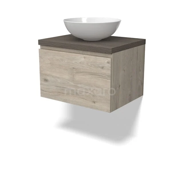 Modulo Plato Badkamermeubel voor waskom | 60 cm Lichtgrijs eiken Greeploos front Donkerbruin eiken blad 1 lade BMK11-02971 Hangend badkamermeubel met keramische witte waskom, eikenhout look en donker bovenblad, modern en compact design.