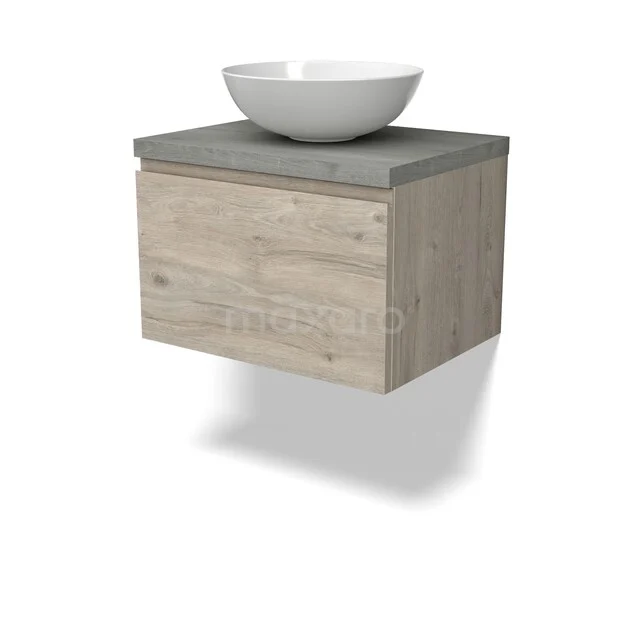 Holz-Badezimmermöbel mit Betonplatte und weißem rundem Aufsatzwaschbecken, modernes Design für stilvolle Badezimmergestaltung.