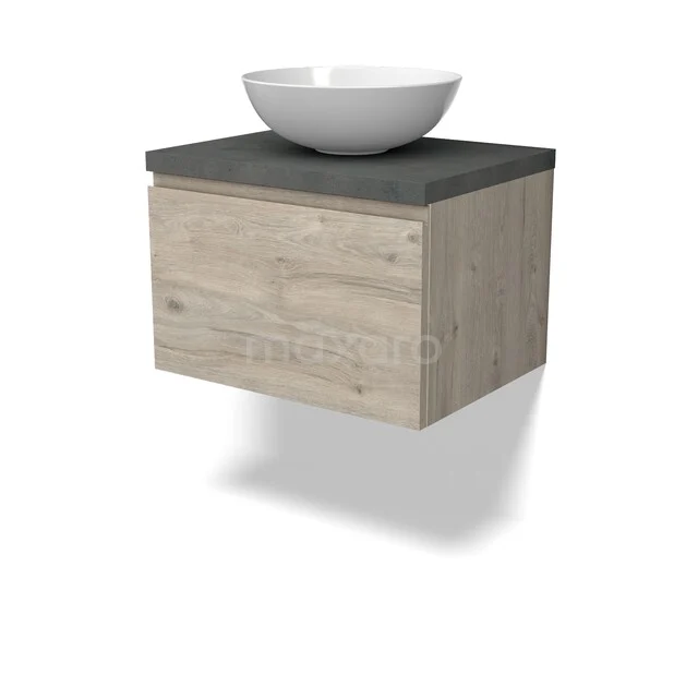 Modulo Plato Vanity units for countertop basin | 60 cm Light grey oak Handle-less front Dark grey concrete worktop 1 drawer BMK11-02975 Houten badkamermeubel met antraciet blad en witte wastafel, modern zwevend design voor een stijlvolle badkamer inrichting.