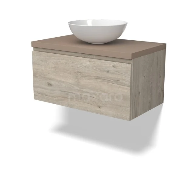 Modulo Plato Badkamermeubel voor waskom | 80 cm Lichtgrijs eiken Greeploos front Taupe blad 1 lade BMK11-02977 Houten wastafelmeubel met lade, hangend design in licht eiken, inclusief witte waskom, ideaal voor moderne badkamers.