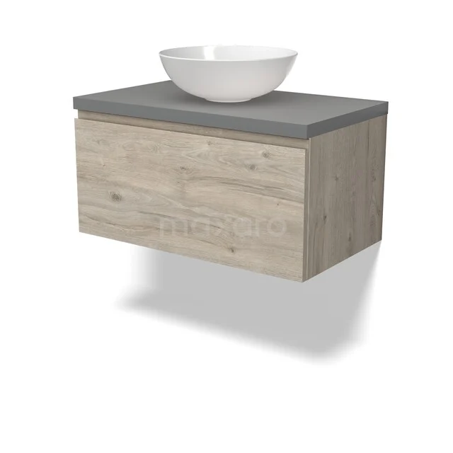 Modulo Plato Badkamermeubel voor waskom | 80 cm Lichtgrijs eiken Greeploos front Middengrijs blad 1 lade BMK11-02978 Houten badkamermeubel met grijs blad en witte opzetwaskom, modern design, ideaal voor een stijlvolle badkamerinrichting.