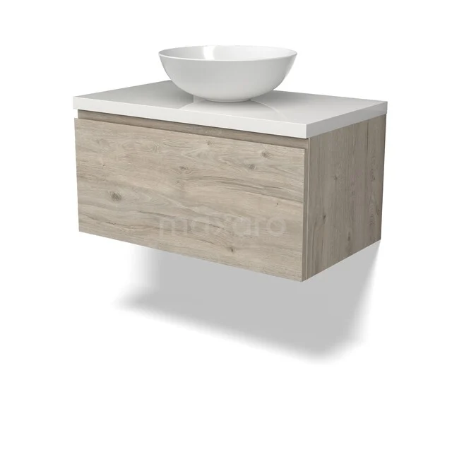 Waschbeckenmöbel Modulo BMK11-02979 Wandhängendes Badezimmermöbel mit Holzoptik, einzelne Schublade und weißem Waschbecken, modernes Design für ein stilvolles Badezimmer.