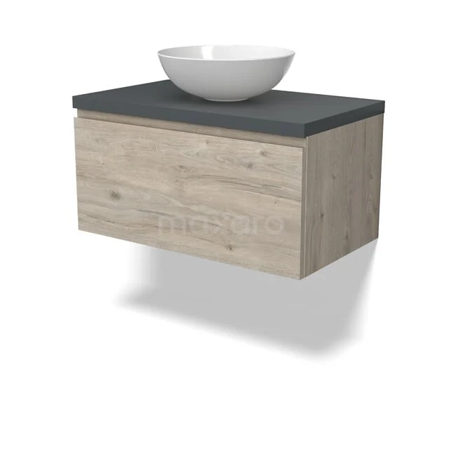 Houten badkamermeubel met natuursteenblad en witte waskom, strak design voor moderne badkamers.