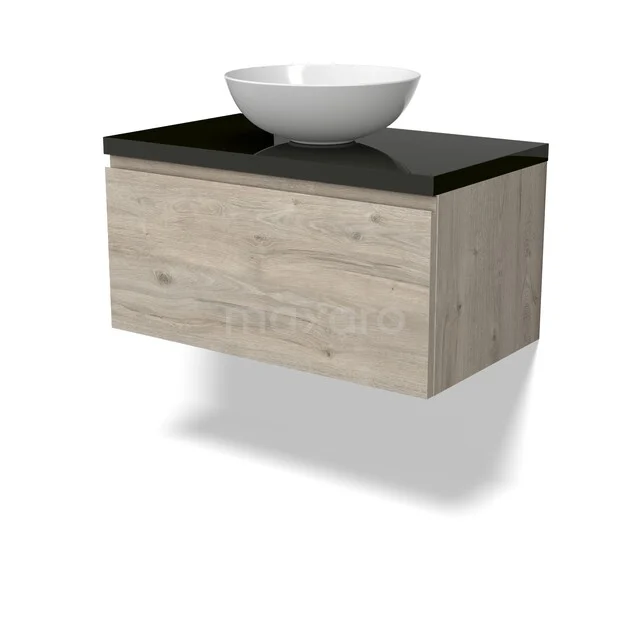 Modulo Plato Vanity units for countertop basin | 80 cm Light grey oak Handle-less front High-gloss black worktop 1 drawer BMK11-02982 Houten badkamermeubel met zwarte wastafelblad en witte ronde waskom, perfect voor een moderne badkamerstijl.