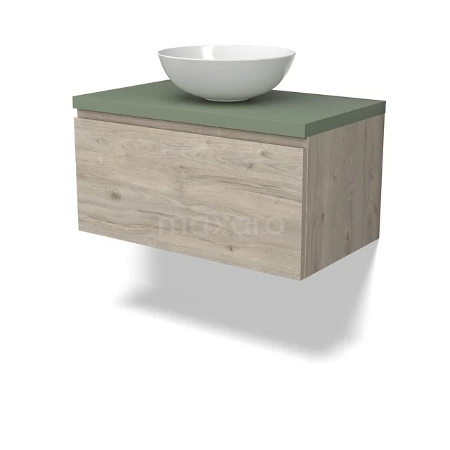 Holz-Badmöbel mit grüner Waschbeckenplatte und weißer Schüssel, hängendes Design für moderne Bäder.