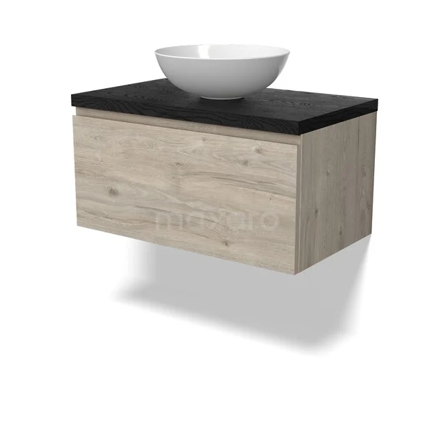 Holz Badmöbel mit Schwarz Waschtischplatte und weißen runden Aufsatzwaschbecken, moderne Wandmontage, ideal für ein stilvolles Badezimmer.