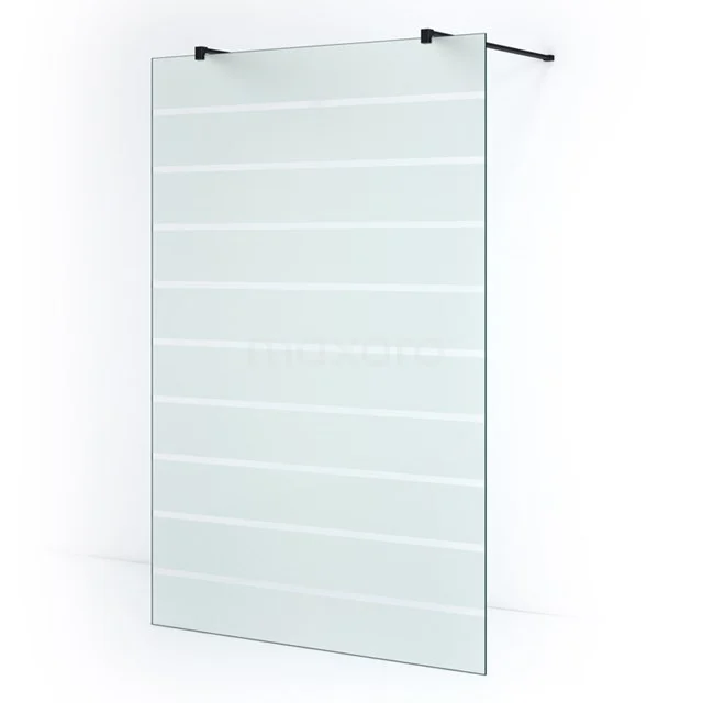 Shower screen clear glass with white lines, minimalist design, black aluminium profile, ideal for modern bathrooms.