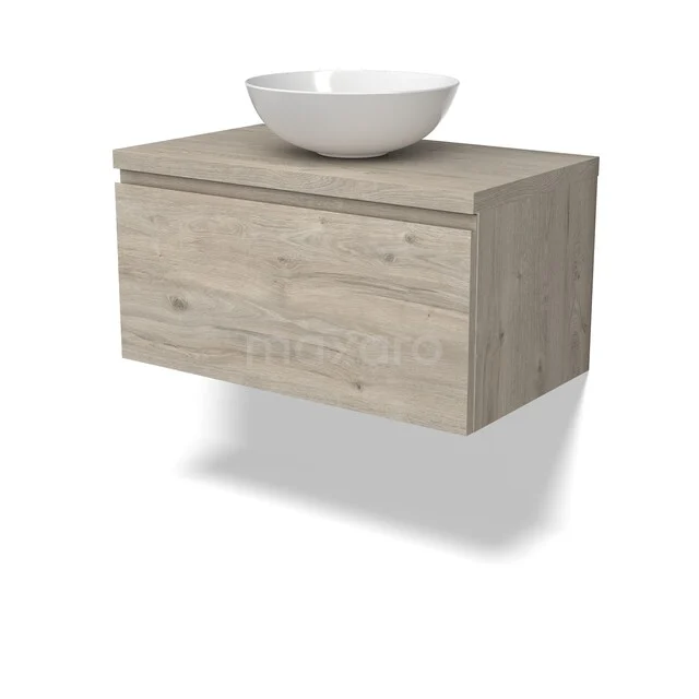 Houten badkamermeubel met een lichte eiken finish, hangend ontwerp, inclusief witte ronde waskom; modern en stijlvol.