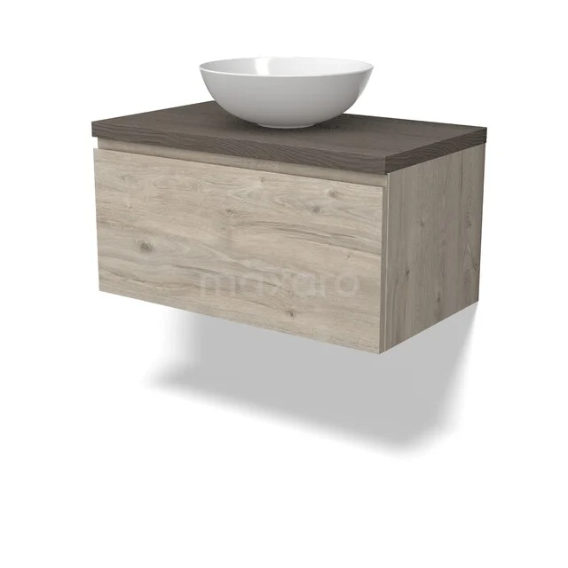 Zwevend badkamermeubel in houtlook met een natuurstenen blad en ronde waskom, stijlvol en compact voor moderne badkamers.