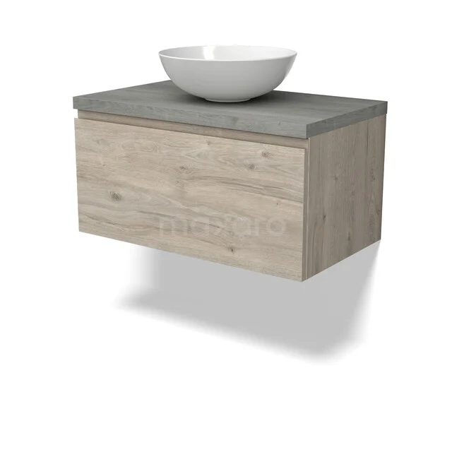 Badkamermeubel zwevend, houtlook met grijze bovenblad, ingebouwde witte waskom, modern design voor stijlvolle badkamers.