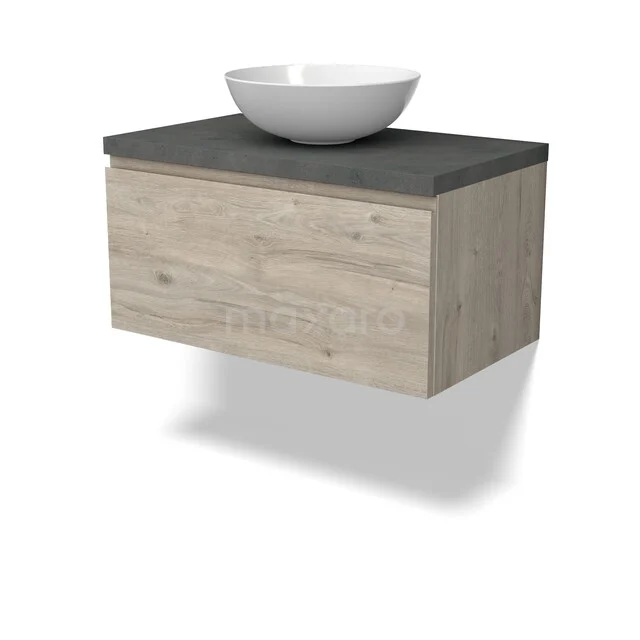 Houten badkamermeubel met grijs stenen blad en witte opzetwaskom, modern ontwerp voor stijlvolle badkamers.