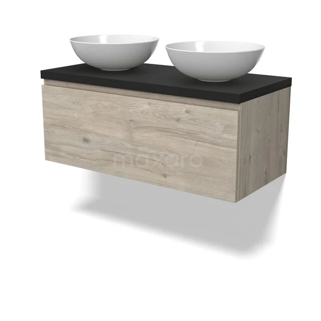 Holz Badezimmermöbel mit 2 weißen Aufsatzwaschbecken, hängendes Design mit dunkler Platte, ideal für modernen Badezimmer Stil.