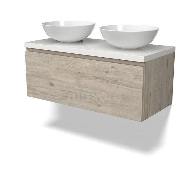 Modulo Plato Badmöbel mit Aufsatzwaschbecken | 100 cm Hellgraue Eiche Grifflos front Hochglanz Weiß blatt 1 Schublade BMK11-02997 Hängendes Badmöbel in hellem Holz mit weißen doppelten Aufsatzwaschbecken, minimalistisches Design, ideal für moderne Bäder.