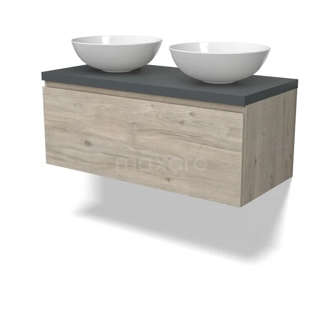 Modulo Plato Vanity units for countertop basin | 100 cm Light grey oak Handle-less front Dark grey worktop 1 drawer BMK11-02999 Houten badkamermeubel met grijs blad en dubbele ronde waskommen, modern zwevend design voor stijlvolle badkamers.