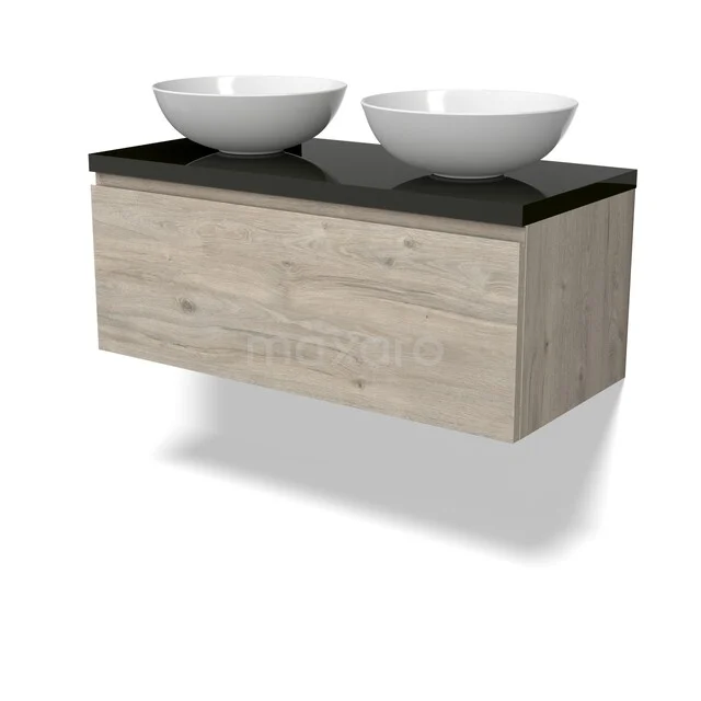 Zweites Badezimmermöbelset in Holzoptik mit schwarzer Platte und zwei weißen Aufsatzwaschbecken, modernes und stilvolles Design.