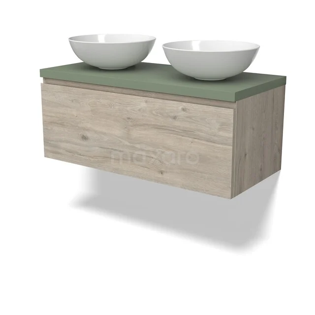 Modulo Plato Vanity units for countertop basin | 100 cm Light grey oak Handle-less front Sage green worktop 1 drawer BMK11-03001 Houten badkamermeubel met groene bovenplaat en twee witte waskommen, modern design voor een stijlvolle badkamer.