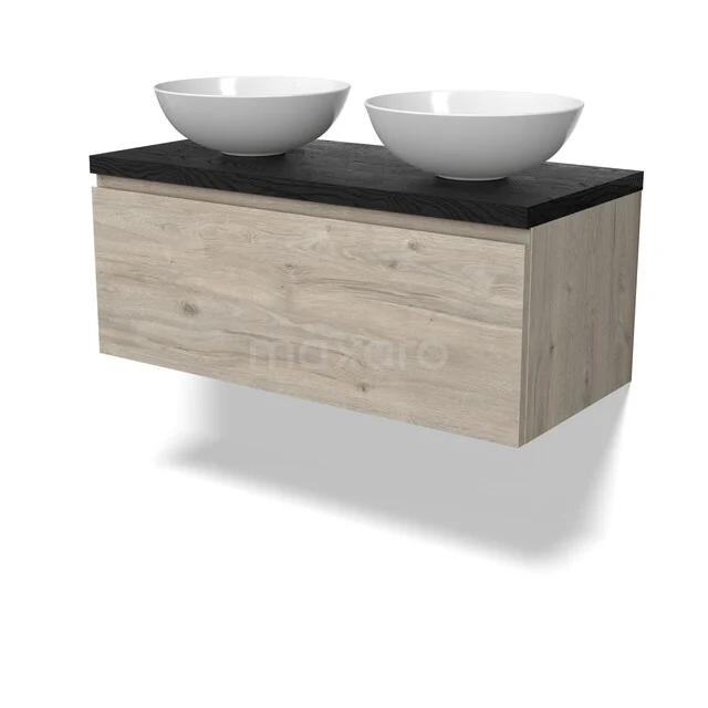 Waschbeckenmöbel Modulo BMK11-03002 Holz Badezimmermöbel mit dunkler Platte, zwei weißen Aufsatzwaschbecken und einem hängenden Design für moderne Bäder.