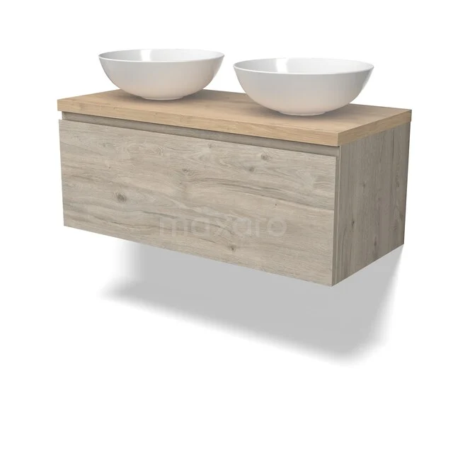 Houten badkamermeubel met 2 witte waskommen, zwevend design, in natuurlijke houtlook voor een moderne badkamerinrichting.