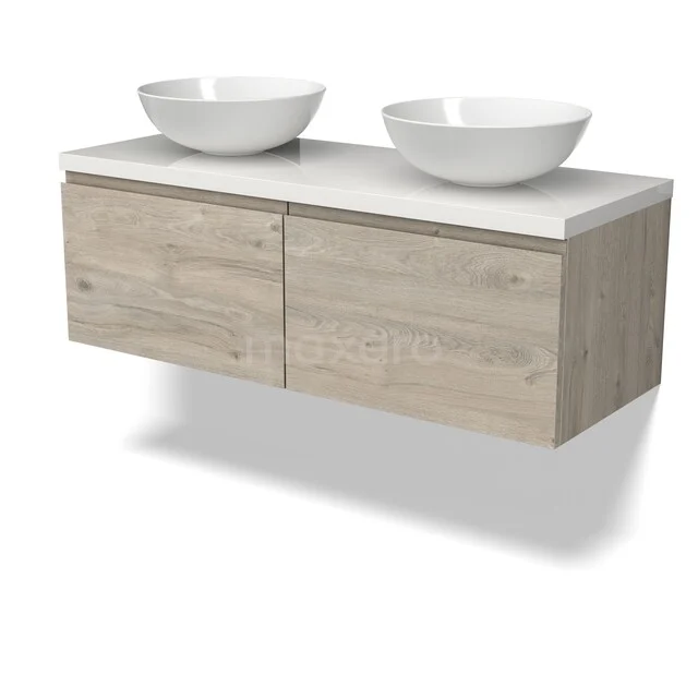 Zweifach schwebendes Badezimmermöbel aus Eiche mit zwei weißen, schalenförmigen Aufsatzwaschbecken, modernes Design mit Holzoptik und großzügigen Schubladen.