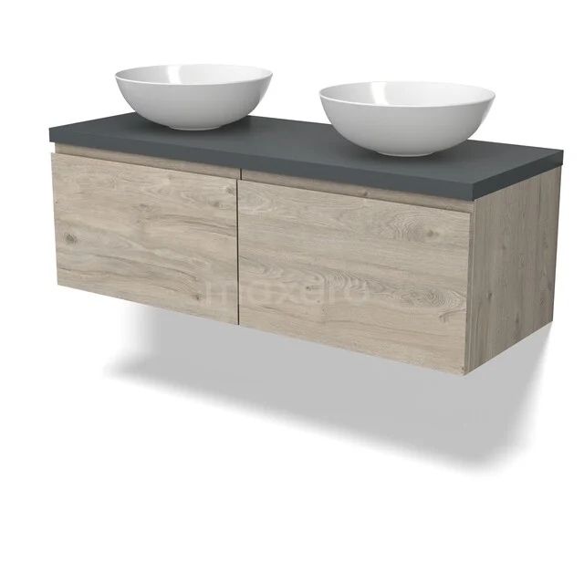 Eichen Badezimmermöbel mit einer grauen Platte und zwei weißen Aufsatzwaschbecken, modernes Design für eine stilvolle Badezimmer Einrichtung.