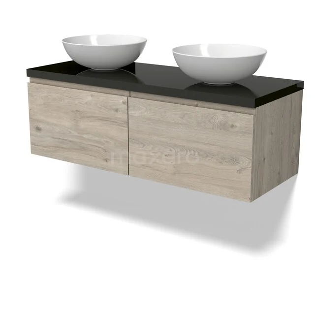 Holz-Badmöbel mit schwebendem Design, schwarzer Platte und zwei weißen Aufsatzwaschbecken, ideal für eine moderne Badezimmergestaltung.