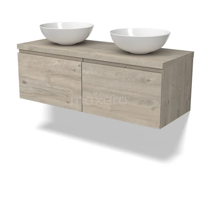 Waschbeckenmöbel Modulo BMK12-02157 Hölzernes Badezimmermöbel mit doppelten weißen Aufsatzwaschbecken, modernes Design und minimalistischem Erscheinungsbild.