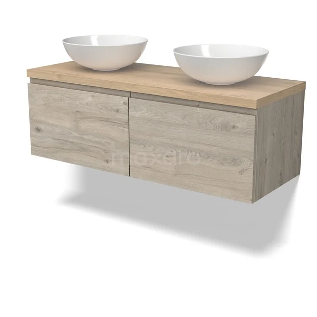 Houten badkamermeubel met dubbele witte waskommen, zwevend ontwerp, naturel eiken look, ideaal voor moderne badkamers.