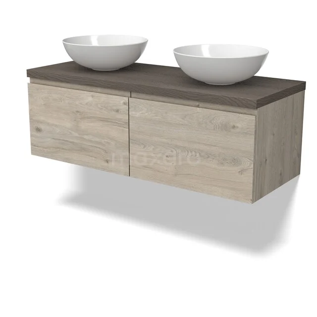 Holz Badezimmermöbel mit zwei weißen Aufsatzwaschbecken, hängendes Design, helle Eiche Oberflächenbehandlung und dunkle Platte.