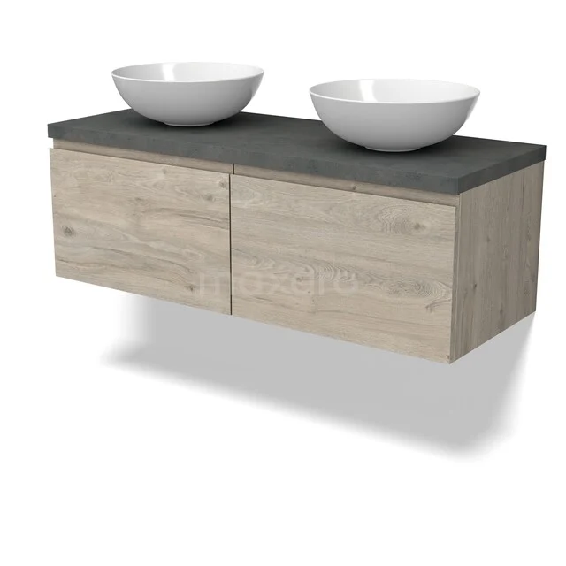 Modulo Plato Vanity units for countertop basin | 120 cm Light grey oak Handle-less front Dark grey concrete worktop 2 Side-by-side drawers BMK12-02164 Houten badkamermeubel met betonlook blad, twee witte waskommen en wandmontage, ideaal voor een moderne badkamerstijl.