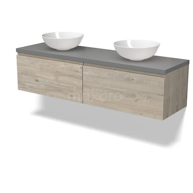 Modulo Plato Badkamermeubel voor waskom | 160 cm Lichtgrijs eiken Greeploos front Donkergrijs blad 2 lades naast elkaar BMK12-02167 Houten badkamermeubel met twee witte ronde wastafels, grijs werkblad, en moderne zwevende design voor stijlvolle badkamers.