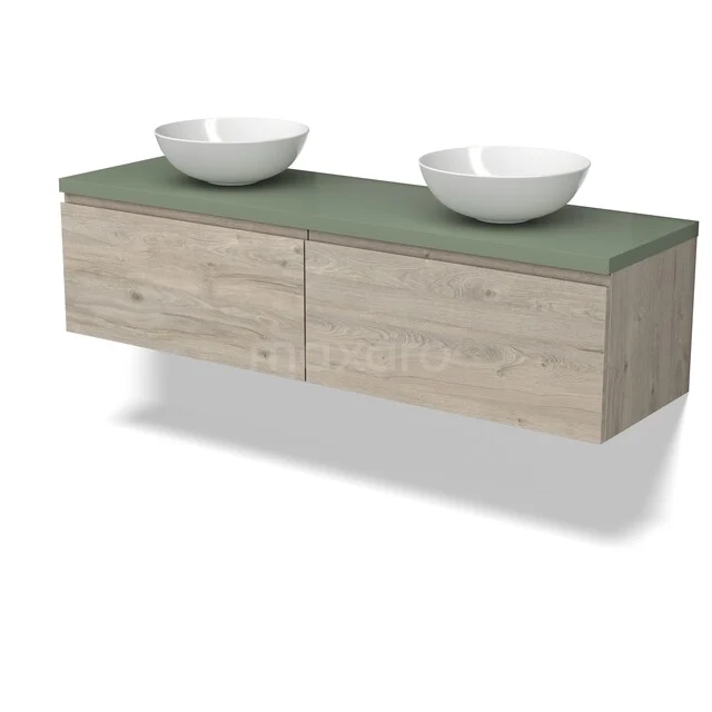Modulo Plato Badkamermeubel voor waskom | 160 cm Lichtgrijs eiken Greeploos front Saliegroen blad 2 lades naast elkaar BMK12-02171 Modern badkamermeubel met houtlook, groen blad en dubbele witte opzetwastafels; stijlvolle en praktische wastafelmeubel-optie.