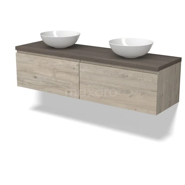 Modulo Plato Badkamermeubel voor waskom | 160 cm Lichtgrijs eiken Greeploos front Donkerbruin eiken blad 2 lades naast elkaar BMK12-02177 Houten badmeubel met twee lades, donkere bladkleur en twee witte waskommen, ideaal voor een stijlvolle badkamerinrichting.